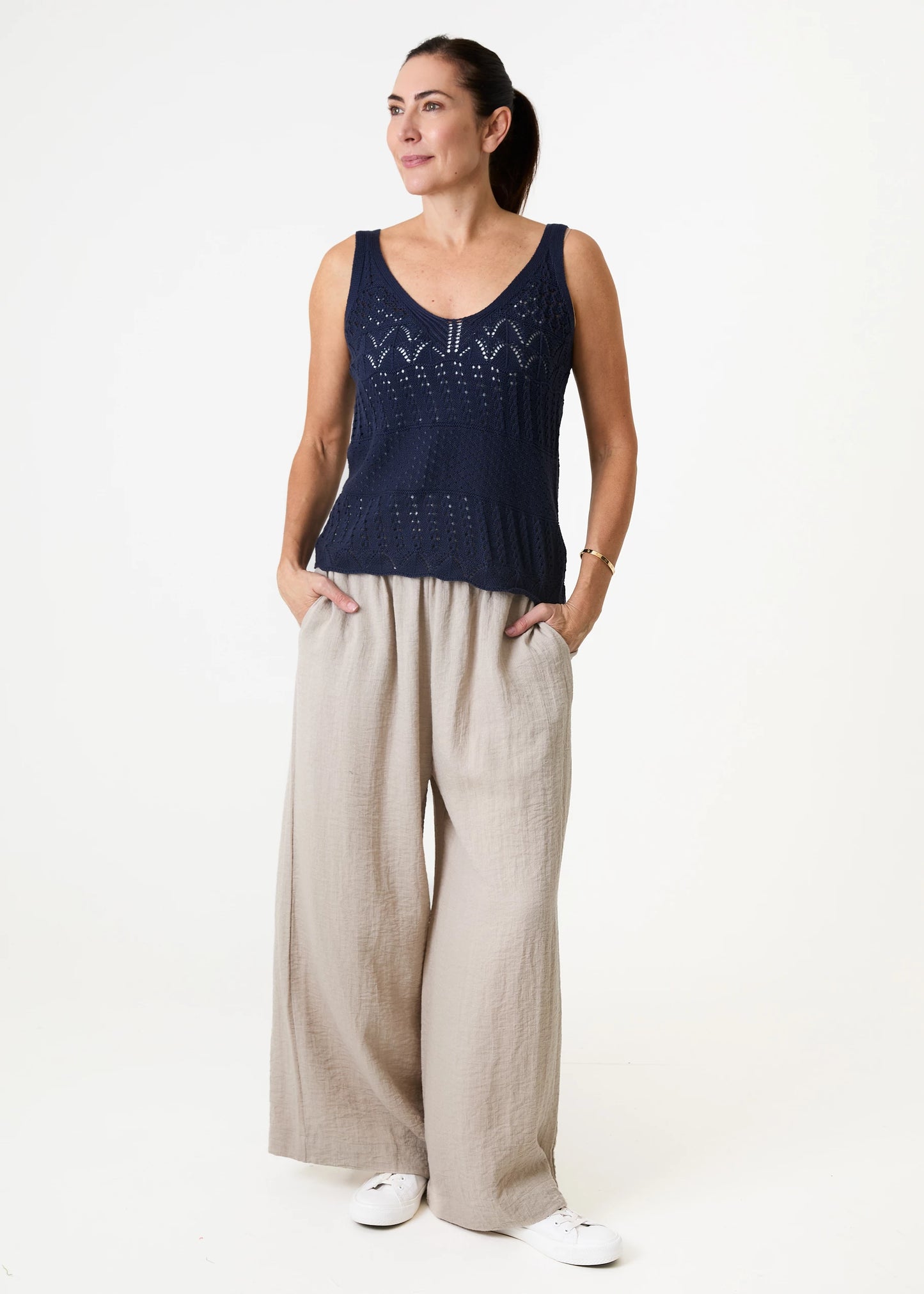 Cotton Mix Pointelle V Neck Vest Top - Various Colours
