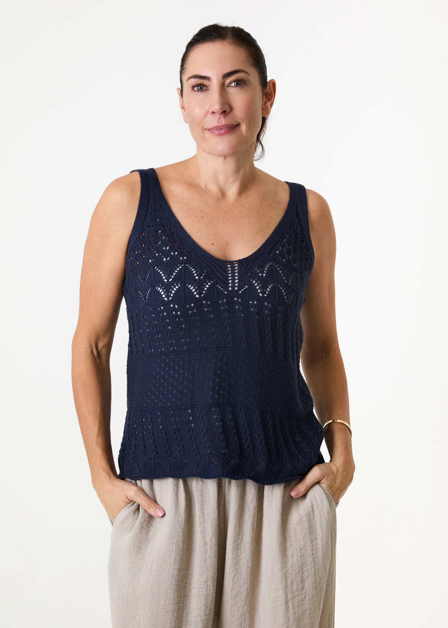Cotton Mix Pointelle V Neck Vest Top - Various Colours