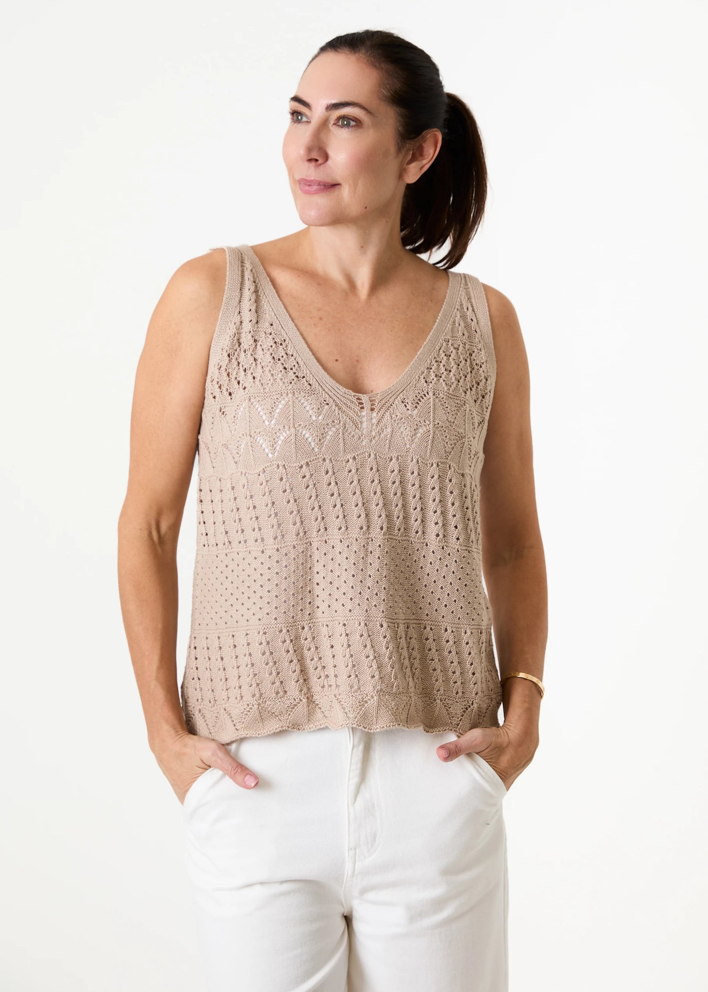Cotton Mix Pointelle V Neck Vest Top - Various Colours