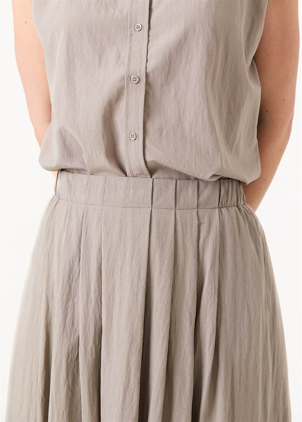 Front Pleated Elastic Waist Midi Skirt - Navy & Mushroom