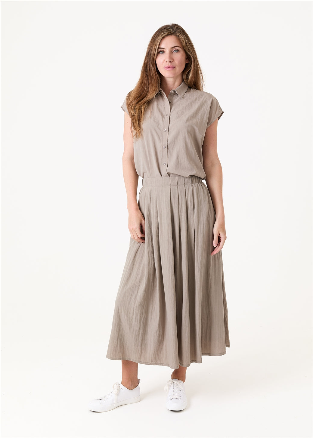 Front Pleated Elastic Waist Midi Skirt - Navy & Mushroom