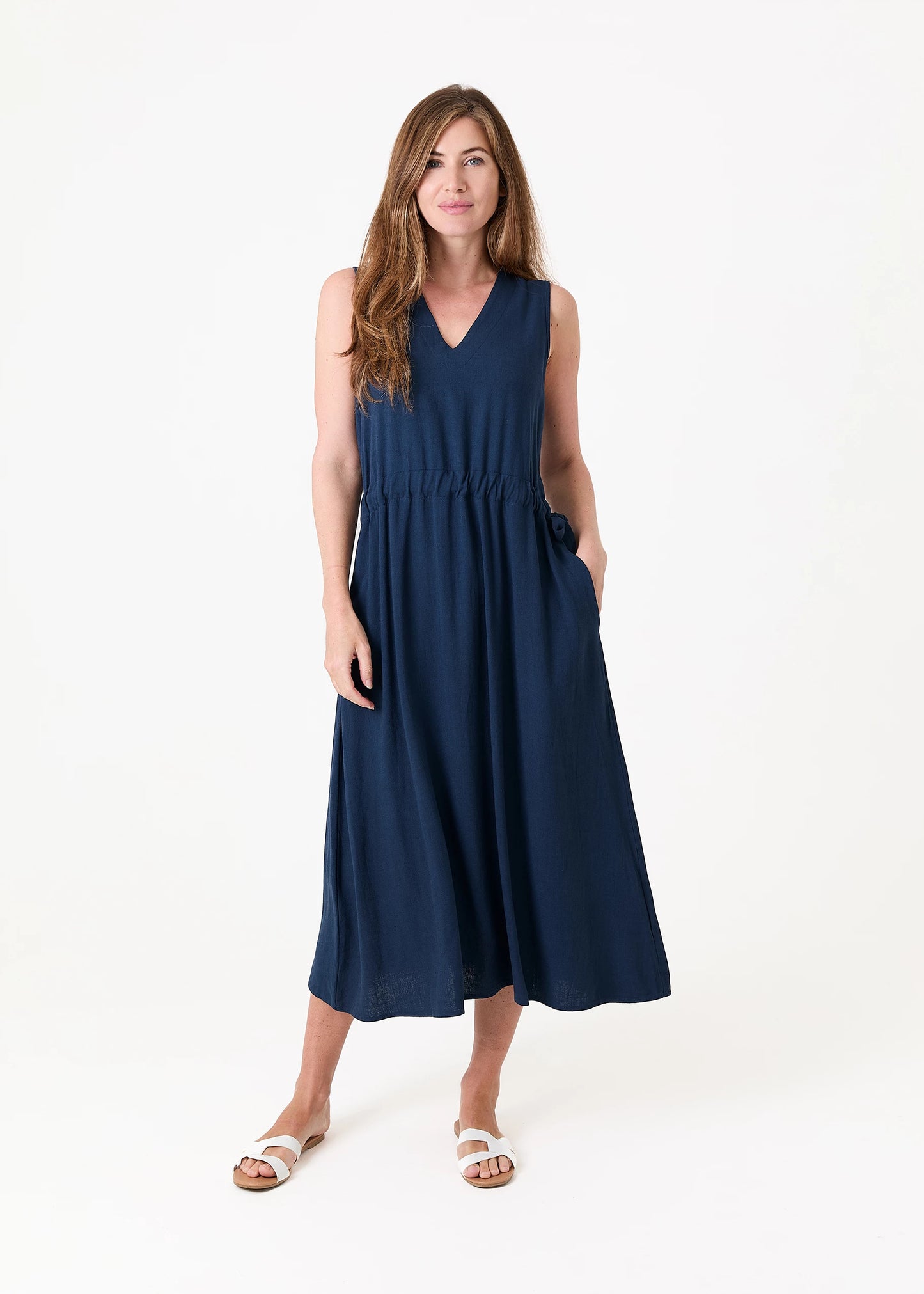 V Neck Drawstring Linen Mix Dress - Various Colours