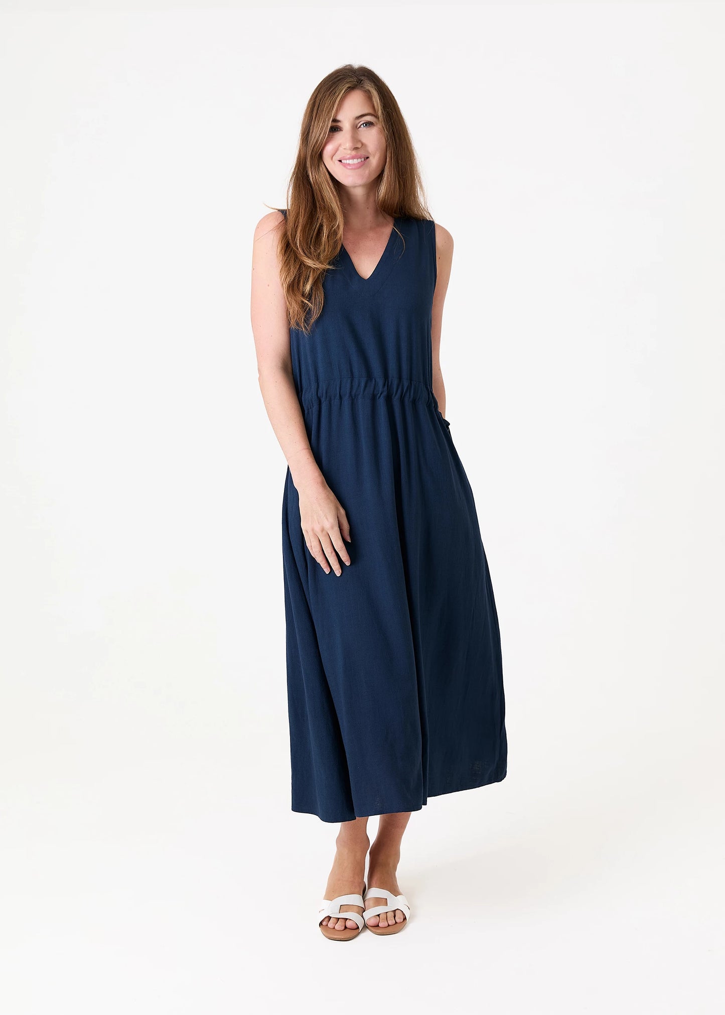 V Neck Drawstring Linen Mix Dress - Various Colours