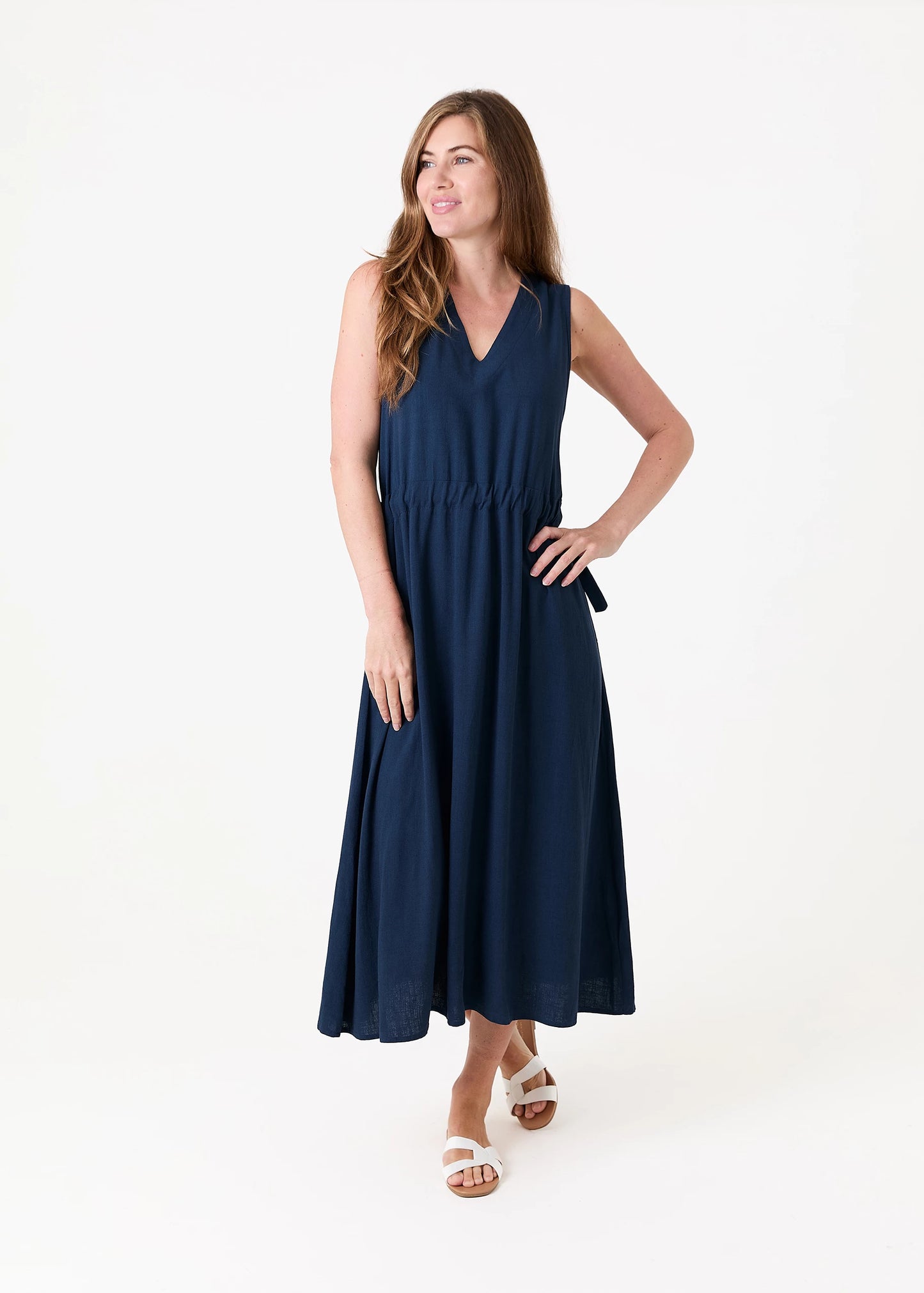 V Neck Drawstring Linen Mix Dress - Various Colours