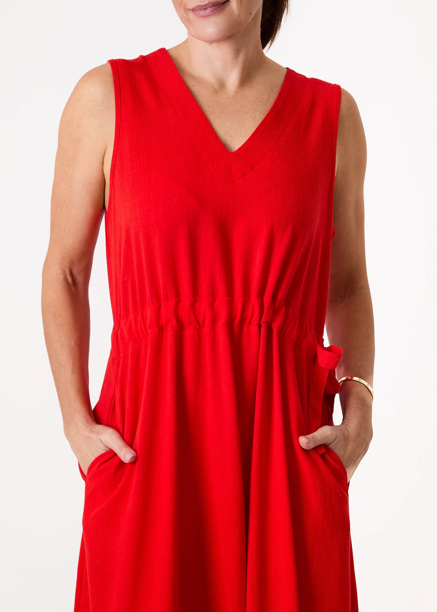 V Neck Drawstring Linen Mix Dress - Various Colours