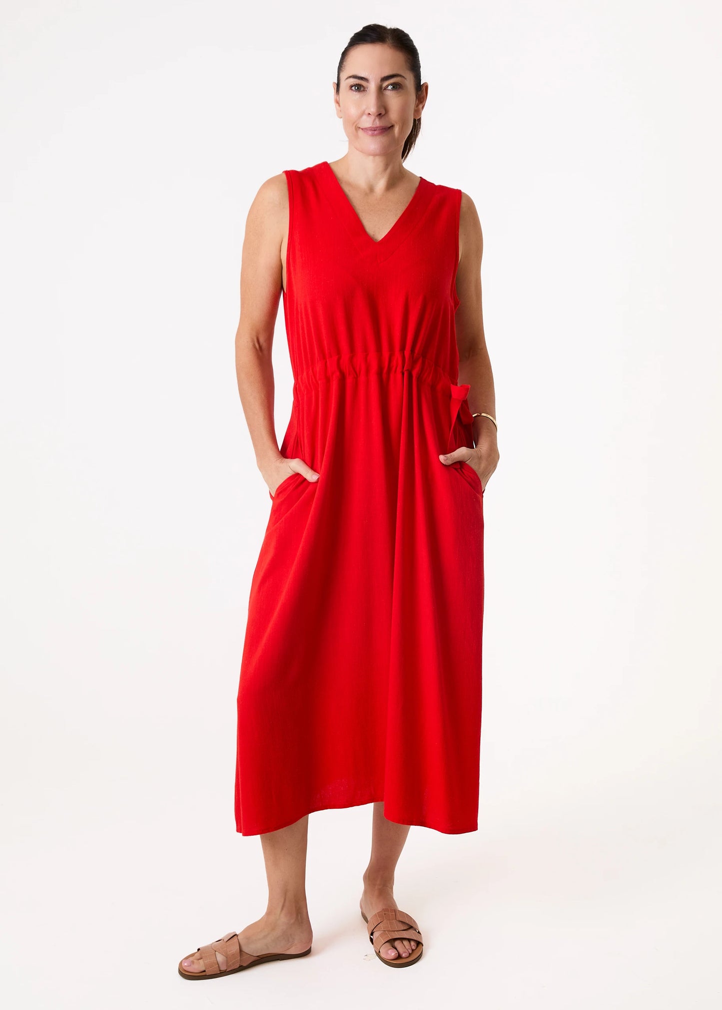 V Neck Drawstring Linen Mix Dress - Various Colours