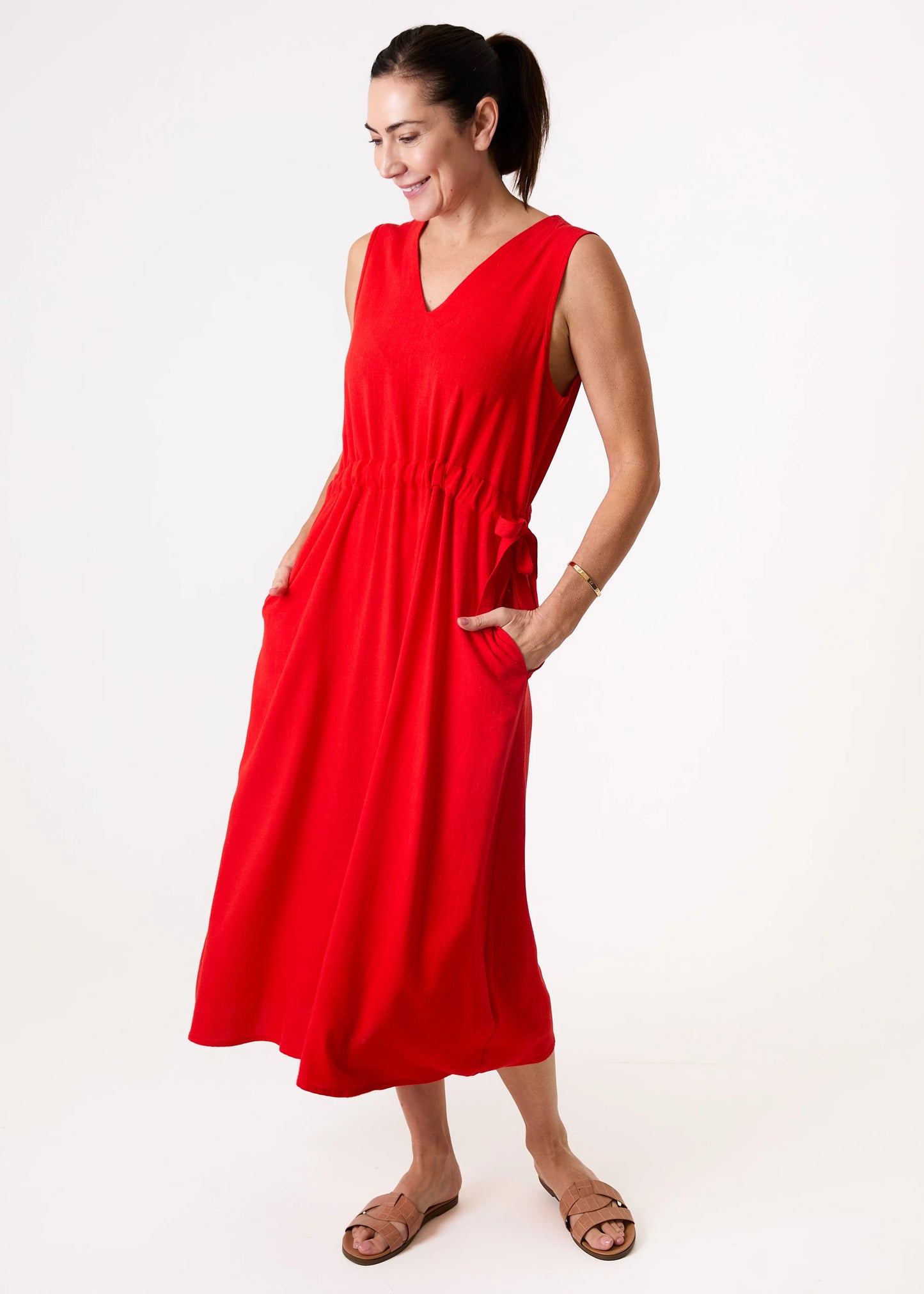 V Neck Drawstring Linen Mix Dress - Various Colours