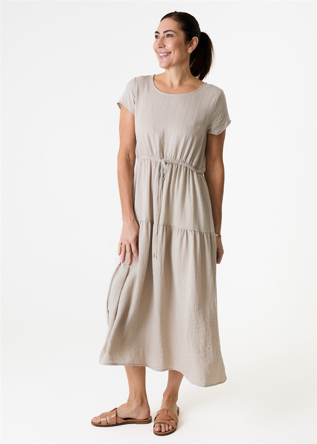 Round Neck Empire Line Drawstring - Black or Beige