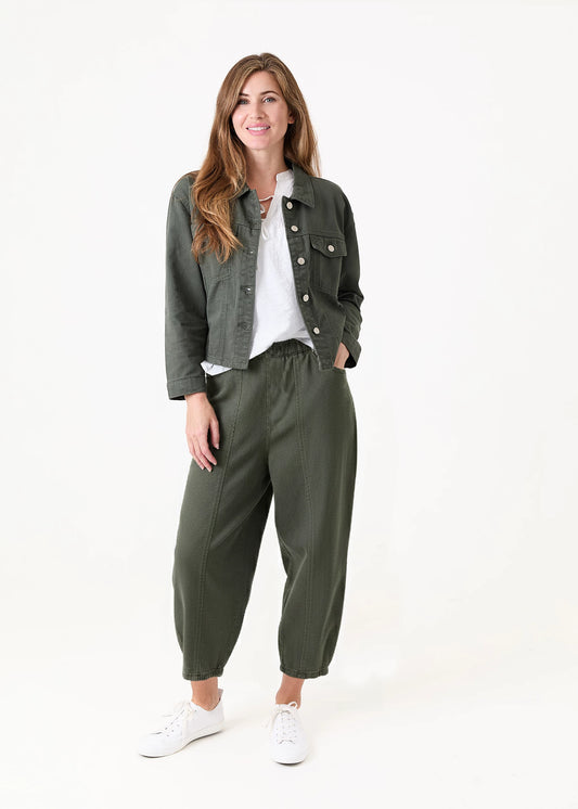 Cotton Twill Flat Front Elastic Waist Trouser - Khaki or White
