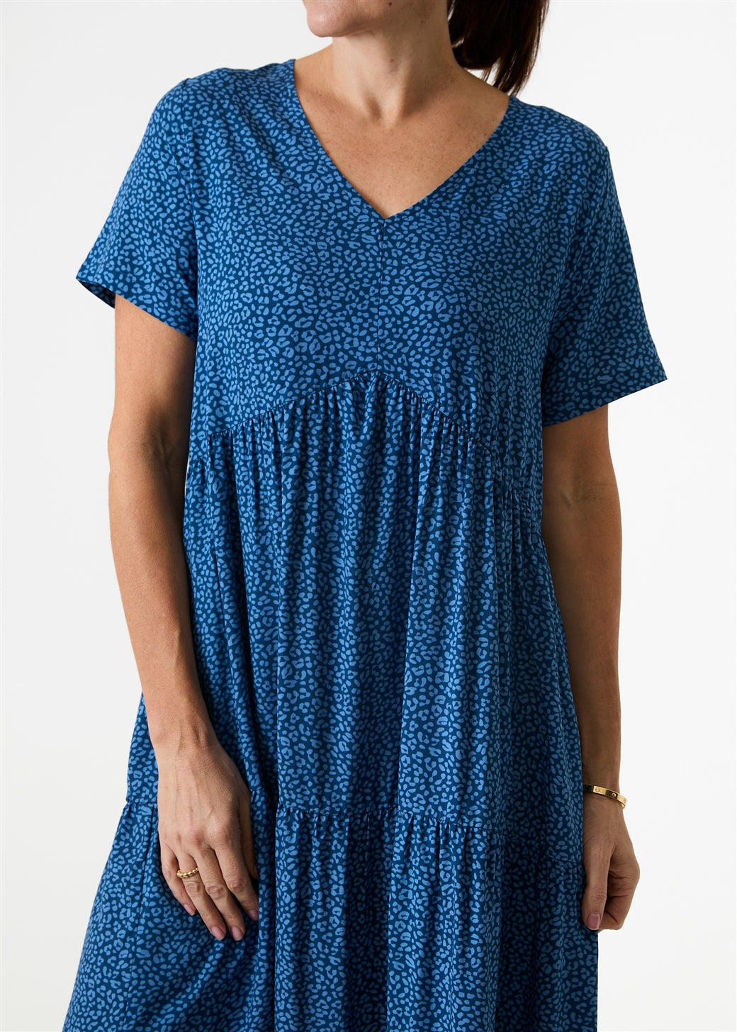 Mini Leopard Print V Neck Short Sleeve Tiered Dress