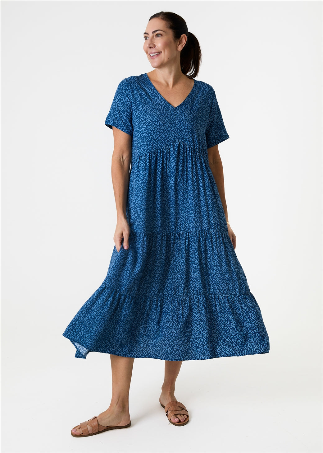 Mini Leopard Print V Neck Short Sleeve Tiered Dress