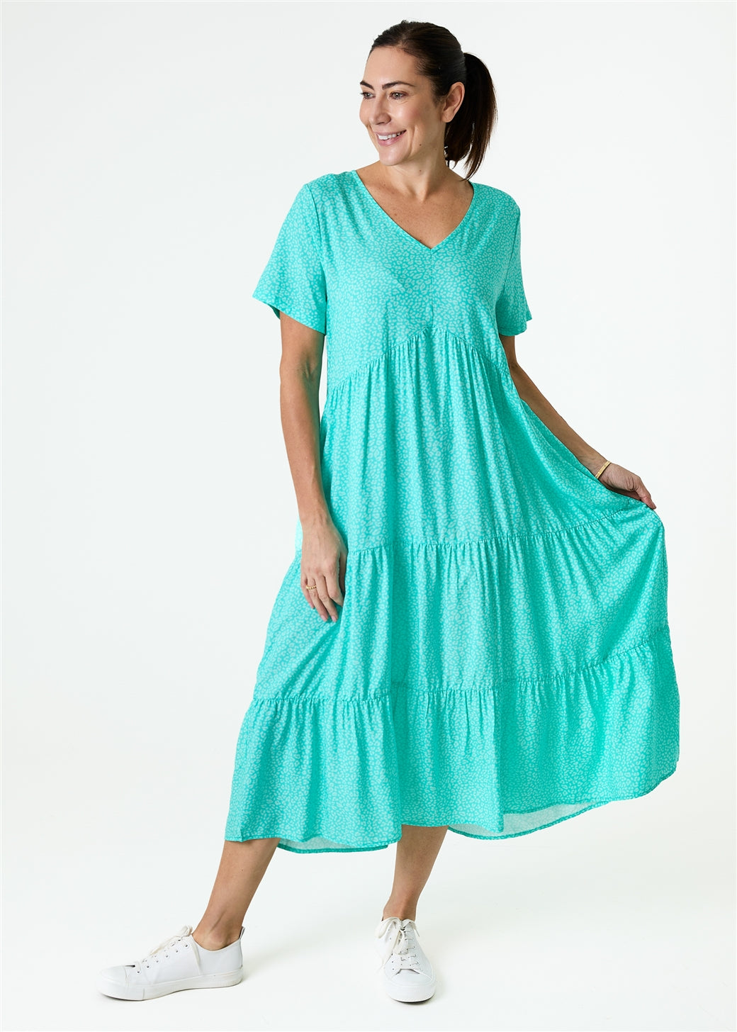 Mini Leopard Print V Neck Short Sleeve Tiered Dress