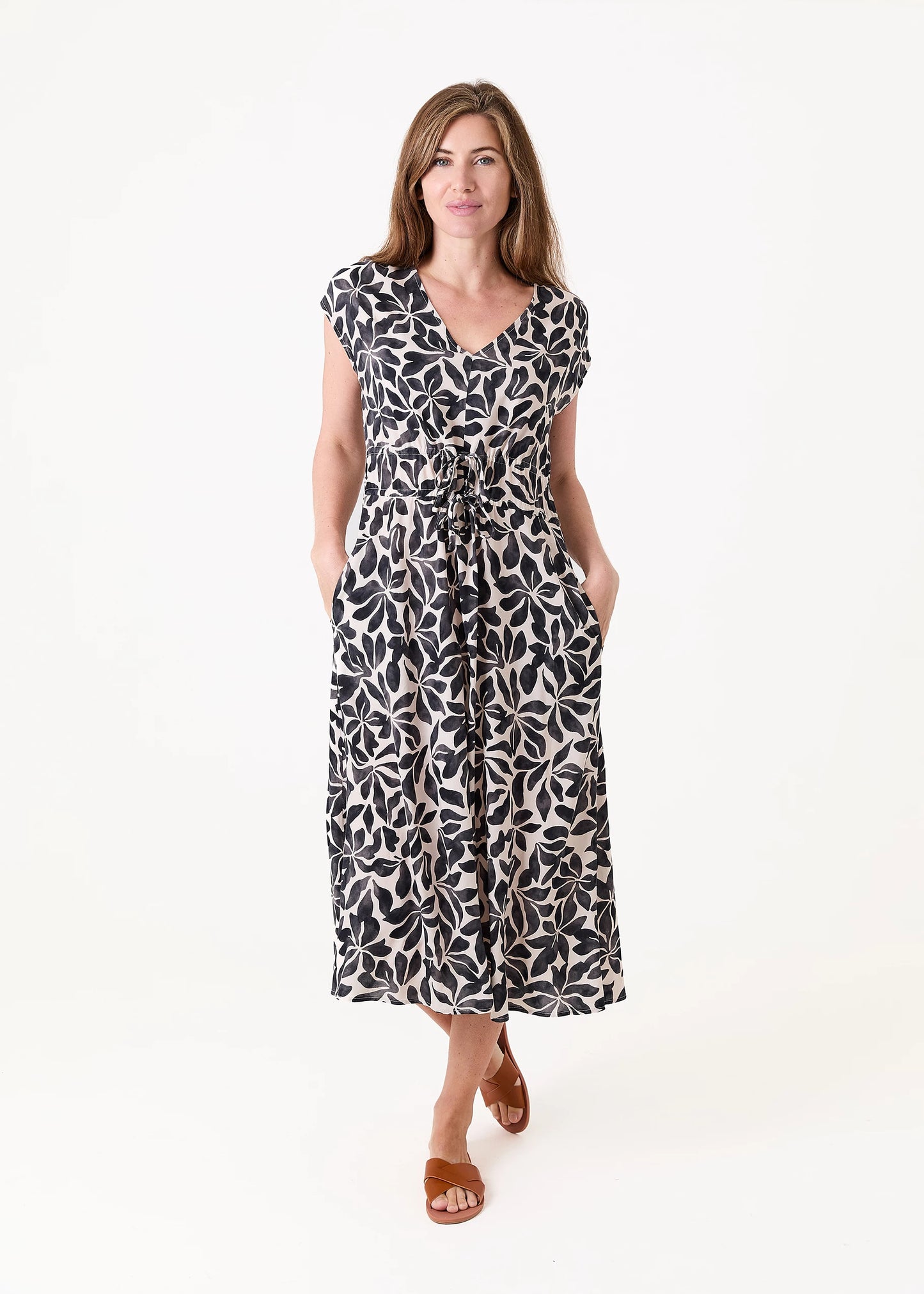 Floral V Neck Drawstring Waist Dress - Black or Blue