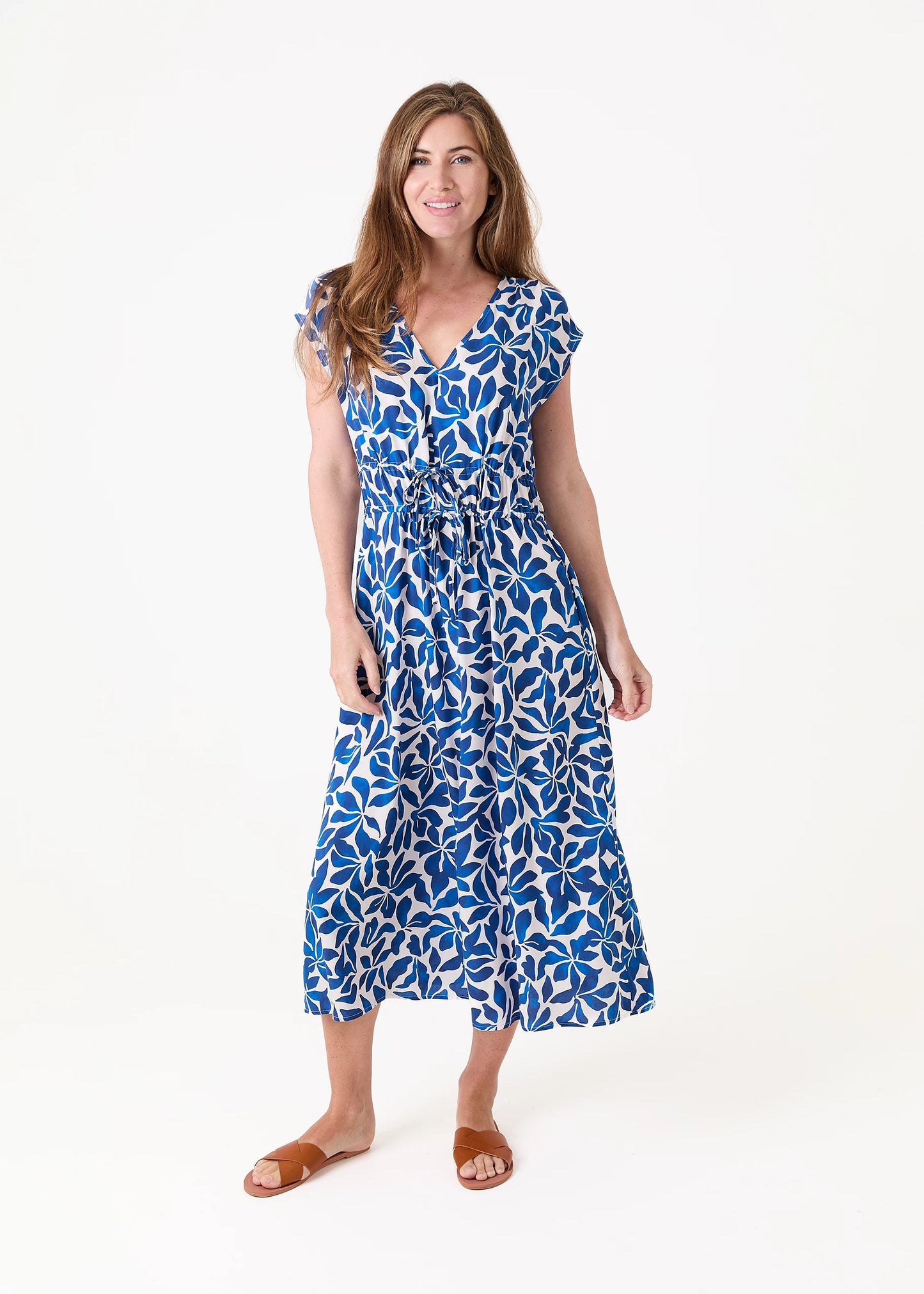 Floral V Neck Drawstring Waist Dress - Black or Blue