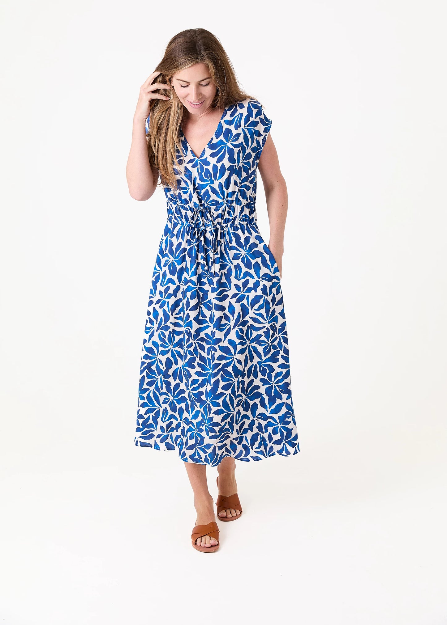 Floral V Neck Drawstring Waist Dress - Black or Blue