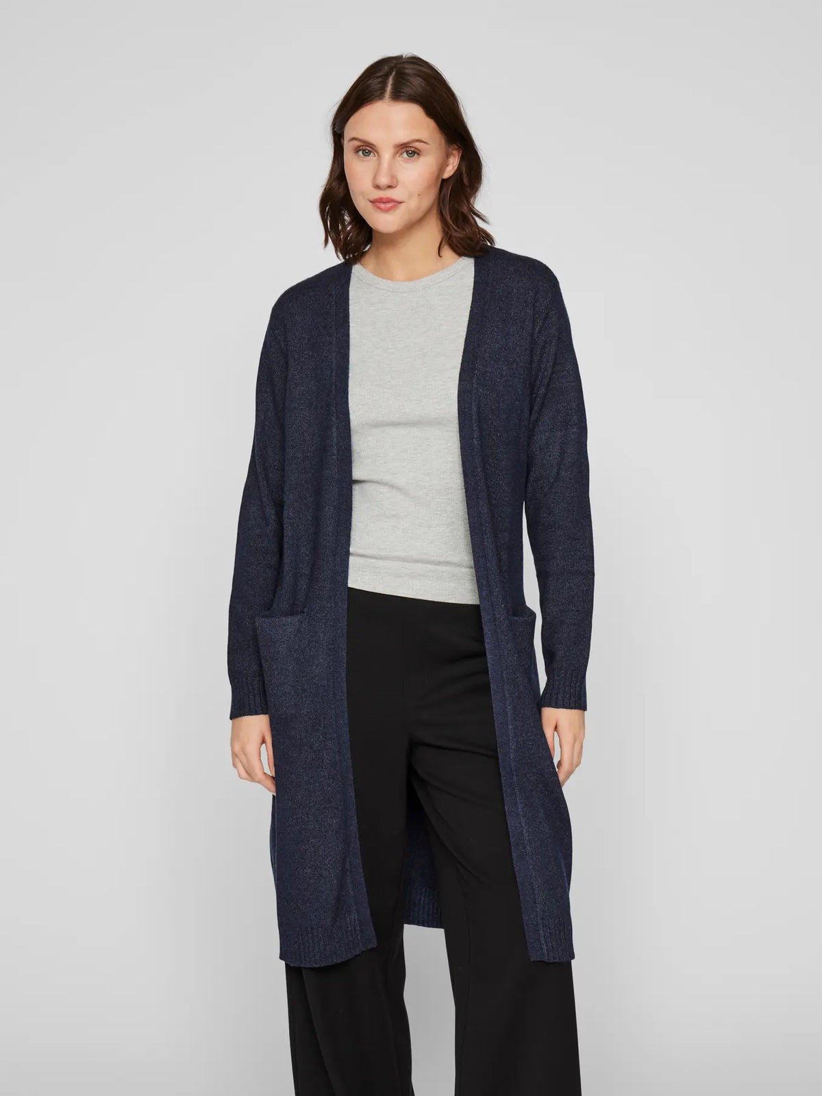 Long Knitted Cardigan - Navy Blue Melange