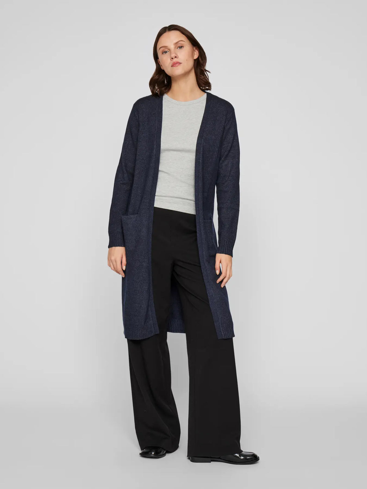 Long Knitted Cardigan - Navy Blue Melange