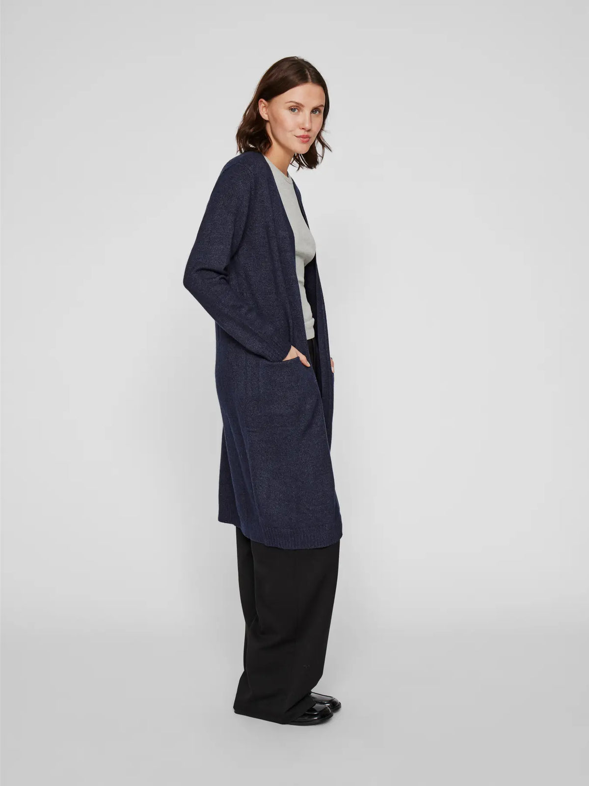 Long Knitted Cardigan - Navy Blue Melange
