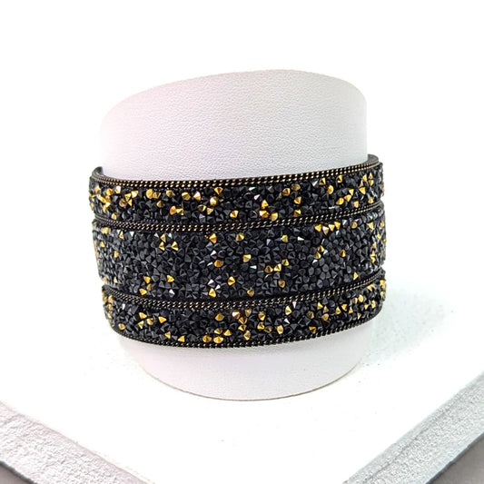 Wide Magnetic Black Leather Look Cuff Bracelet Encrusted With Gold Coloured Crystals