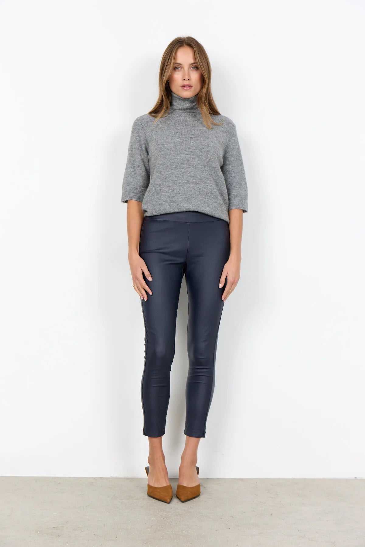 Elbow Length Sleeve Melange Polo Neck Jumper - Grey
