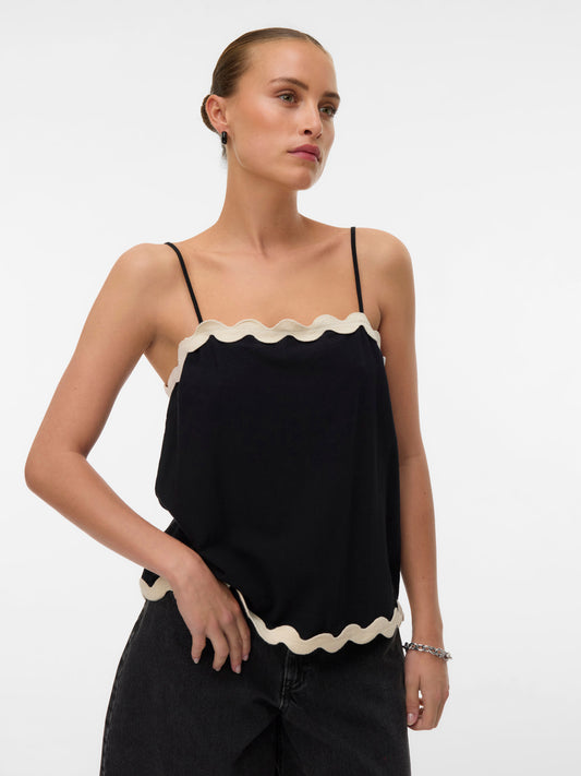 Organic Cotton Scallop Trim Singlet - Black or Ivory