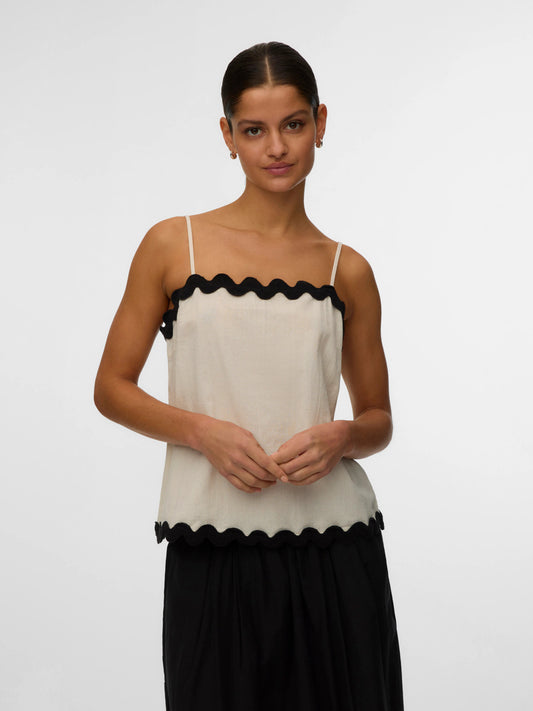 Organic Cotton Scallop Trim Singlet - Black or Ivory
