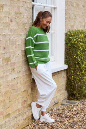Cotton Twill Flat Front Elastic Waist Trouser - Khaki or White