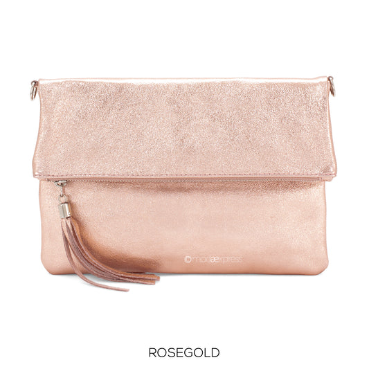 Fold Over Leather Clutch - Rose Gold