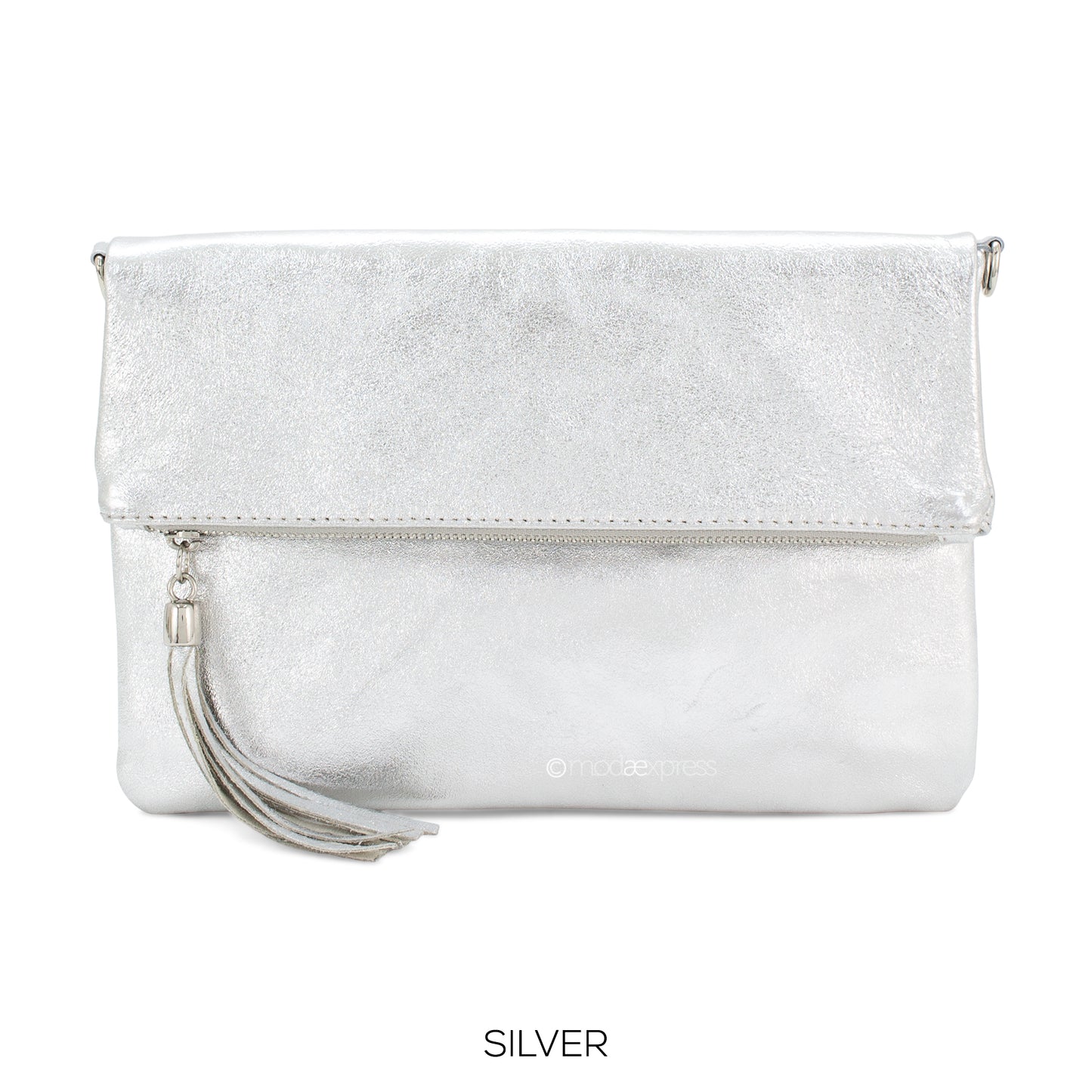 Fold Over Leather Clutch - Silver