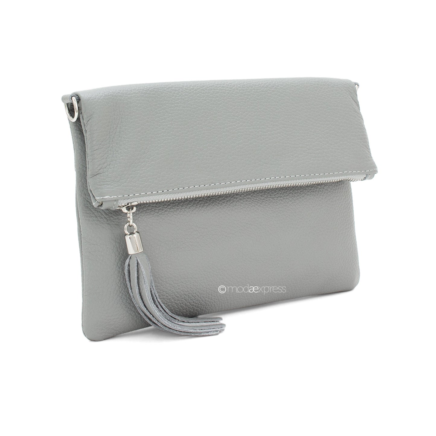 Fold Over Leather Clutch - Light Grey