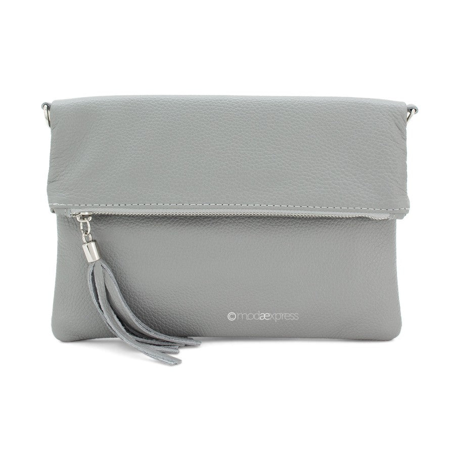 Fold Over Leather Clutch - Light Grey