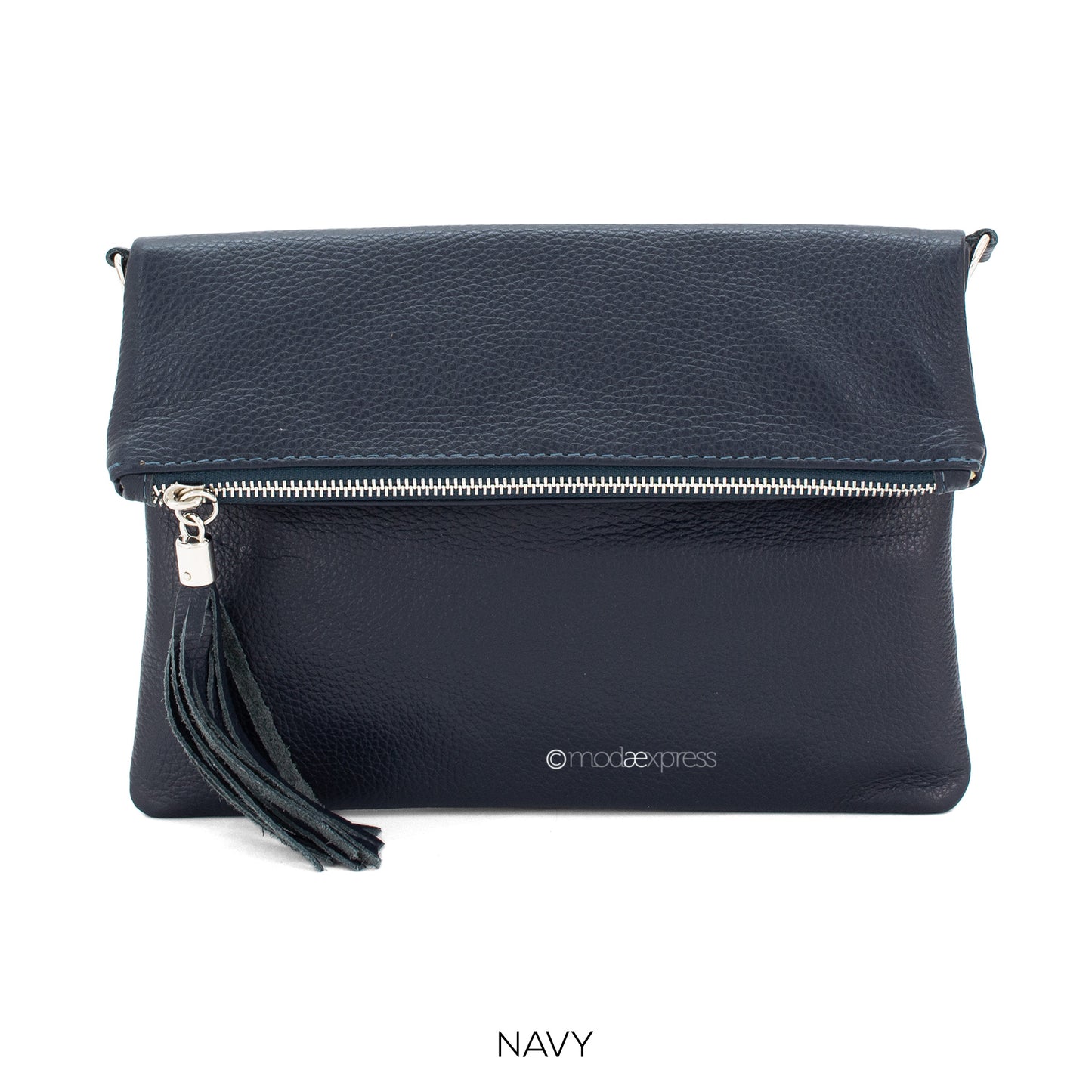 Fold Over Leather Clutch - Navy