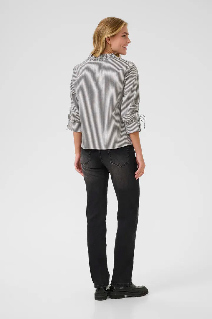 Ruched V Collared Blouse with Bow Tie Sleeves - Grey & White Sleeves