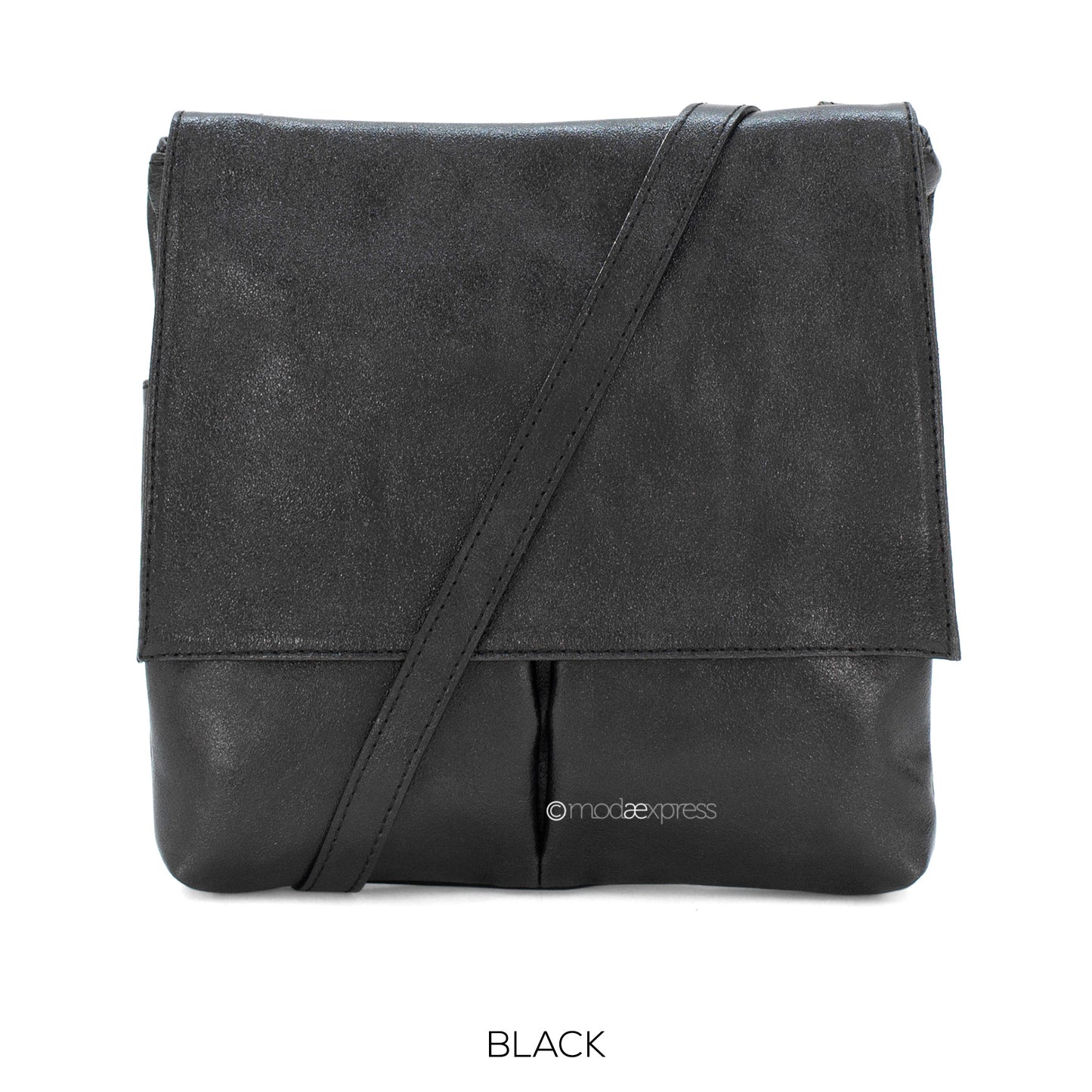 Leather Crossbody Bag with Two Pockets - Metallic Black