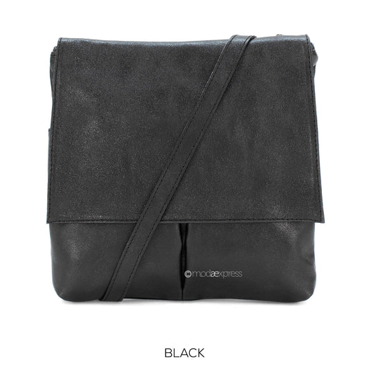 Leather Crossbody Bag with Two Pockets - Metallic Black