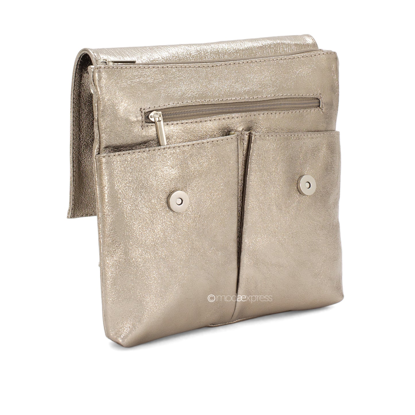 Leather Crossbody Bag with Two Pockets - Metallic Black