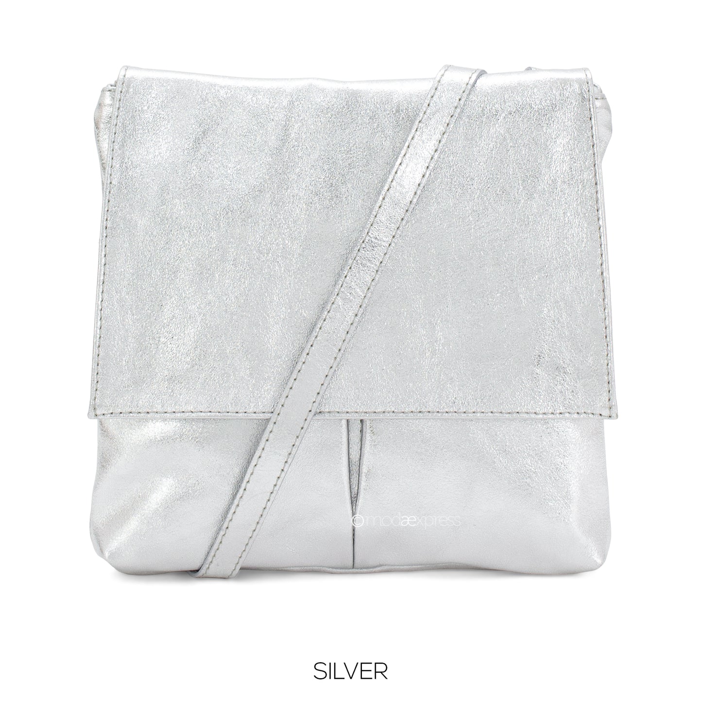 Leather Crossbody Bag with Two Pockets - Metallic Silver