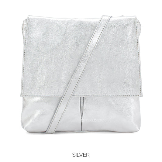 Leather Crossbody Bag with Two Pockets - Metallic Silver