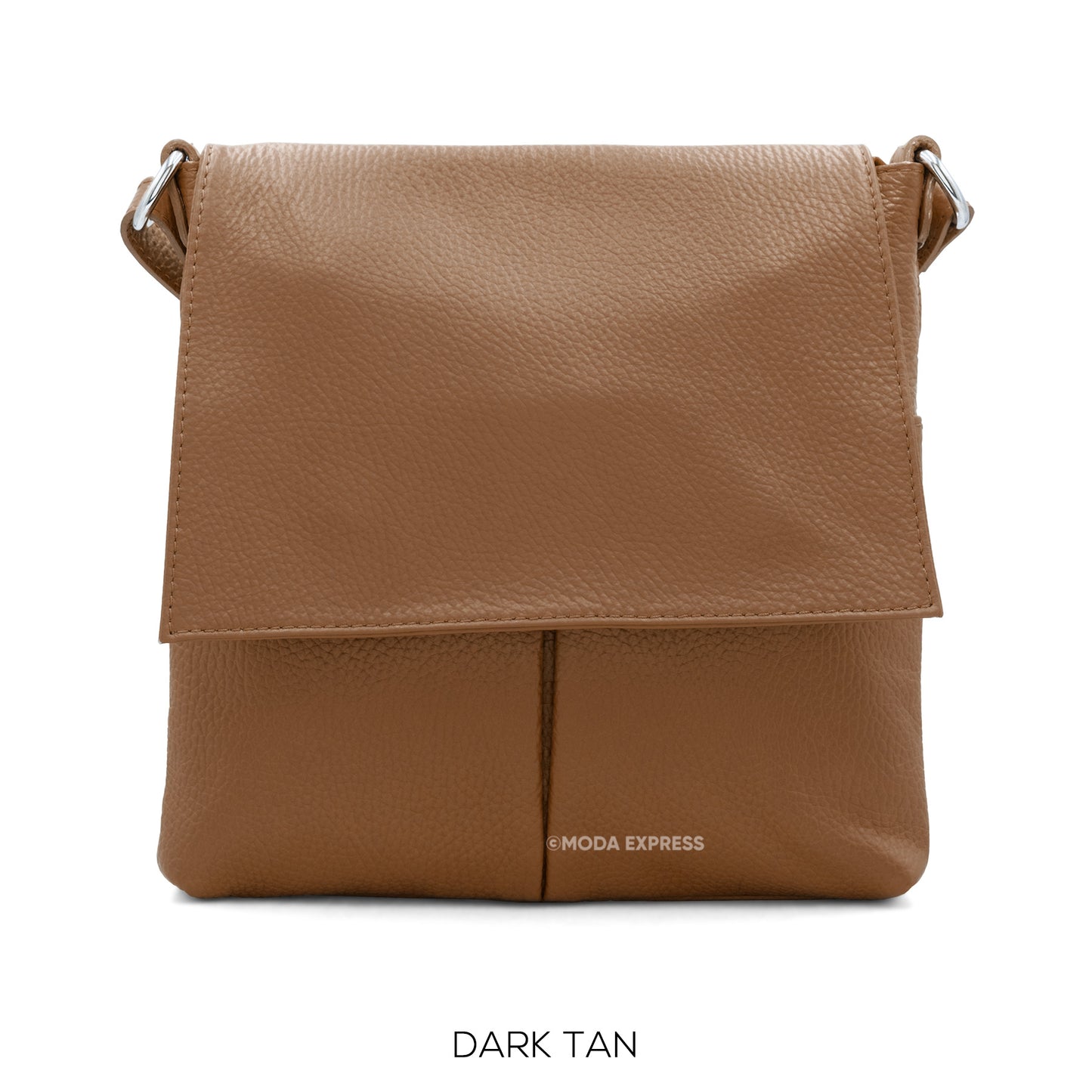 Leather Crossbody Bag with Two Pockets - Dark Tan