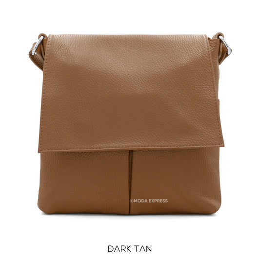 Leather Crossbody Bag with Two Pockets - Dark Tan