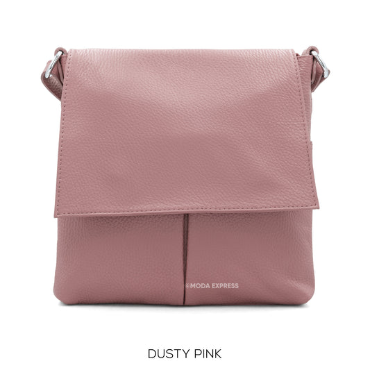 Leather Crossbody Bag with Two Pockets - Dusky Pink