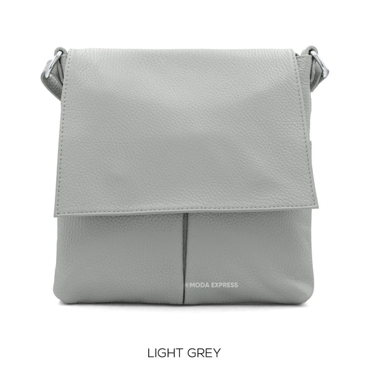 Leather Crossbody Bag with Two Pockets - LIght Grey