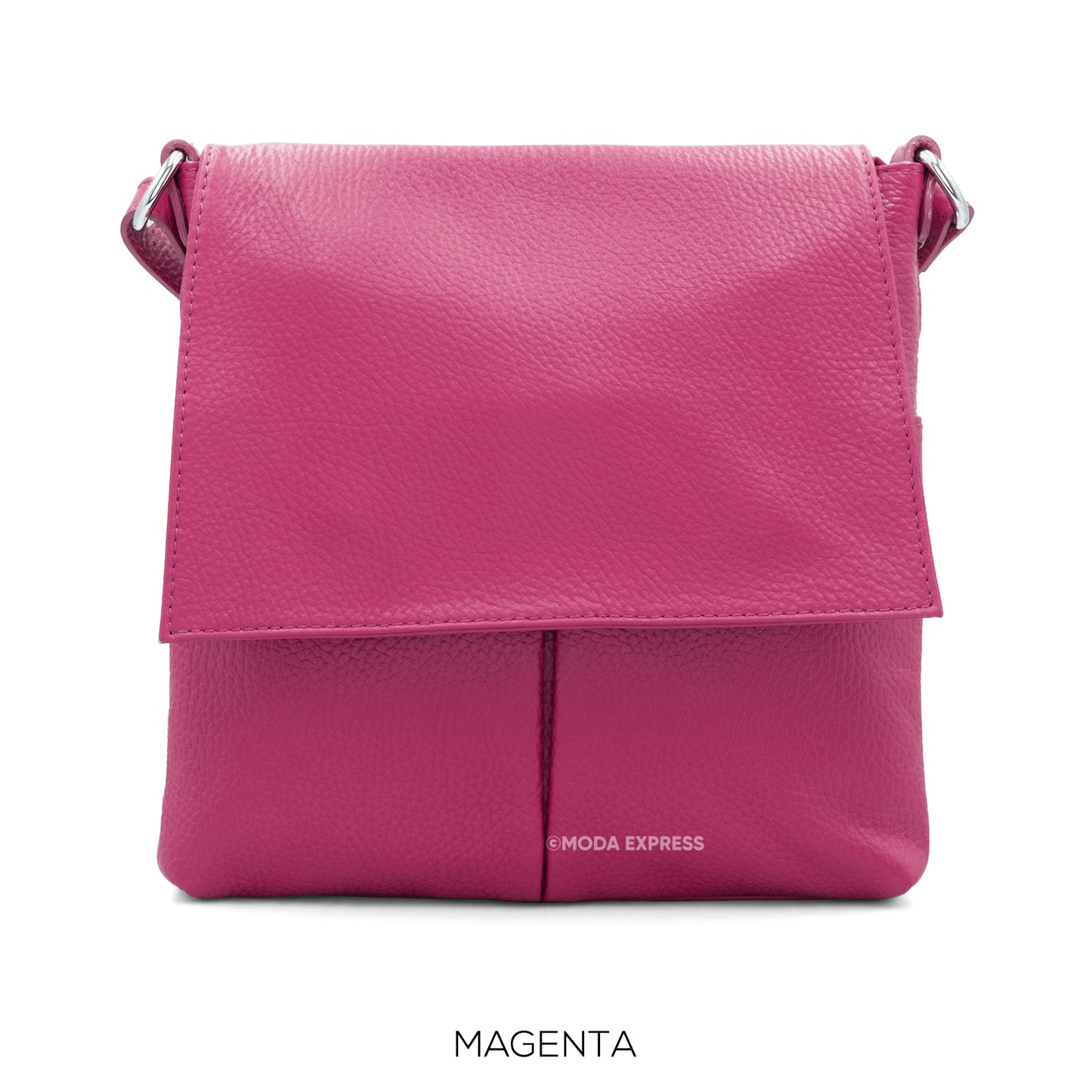 Leather Crossbody Bag with Two Pockets - Magenta