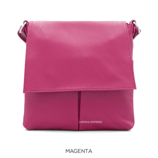 Leather Crossbody Bag with Two Pockets - Magenta