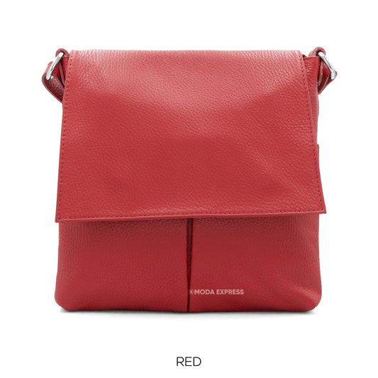 Leather Crossbody Bag with Two Pockets - Red