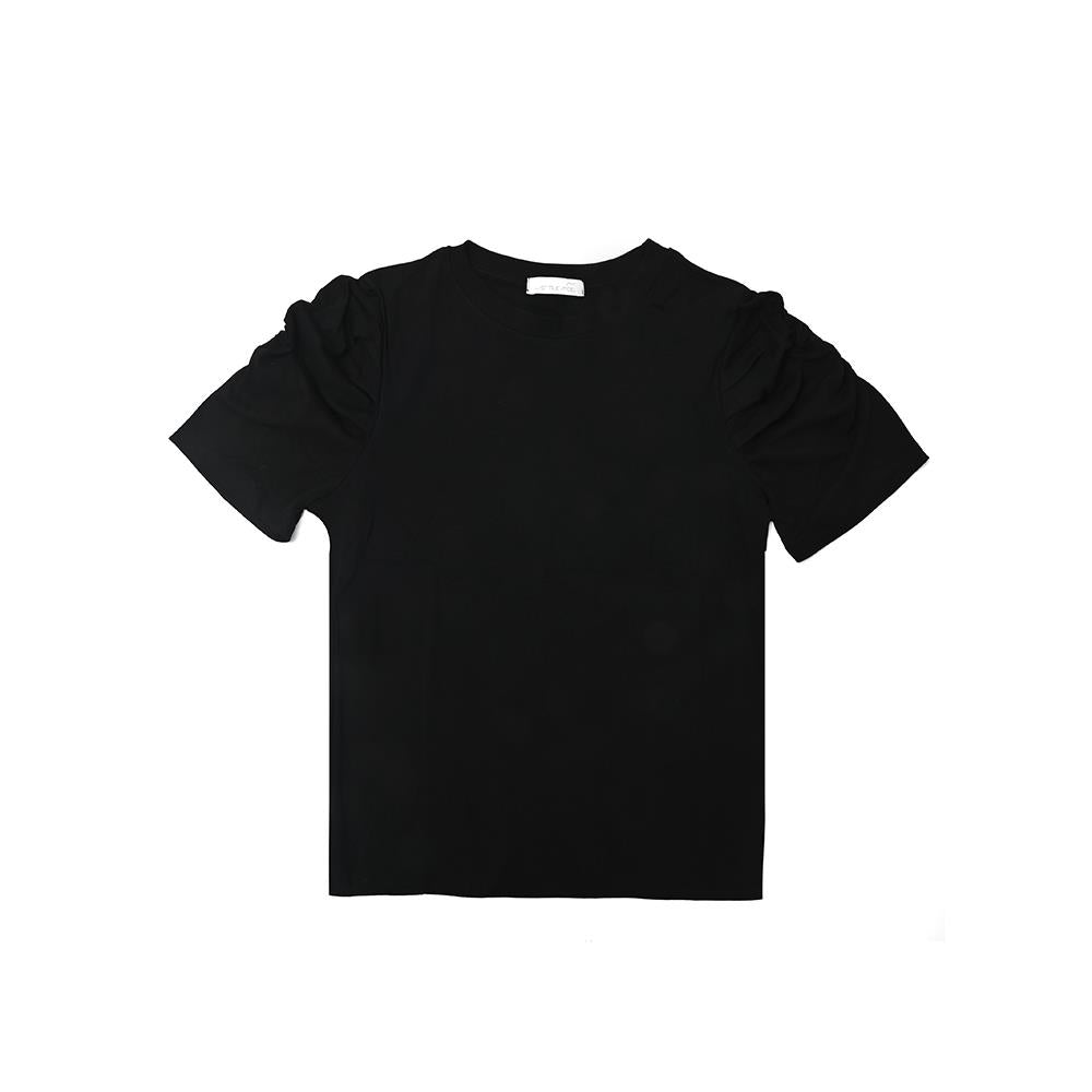 T-shirt Top With Ruched Sleeves - Black