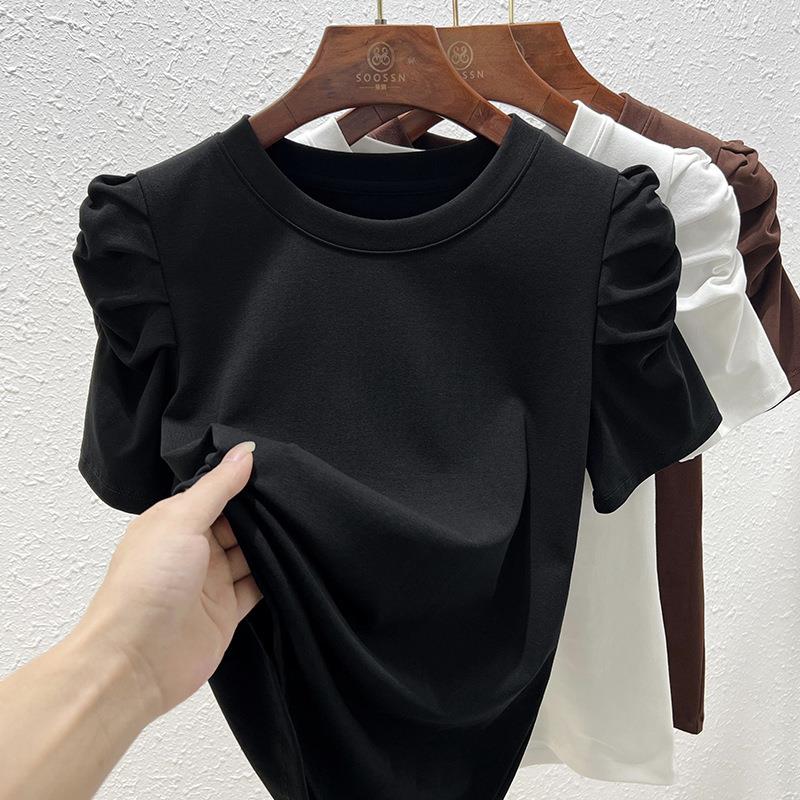 T-shirt Top With Ruched Sleeves - Black