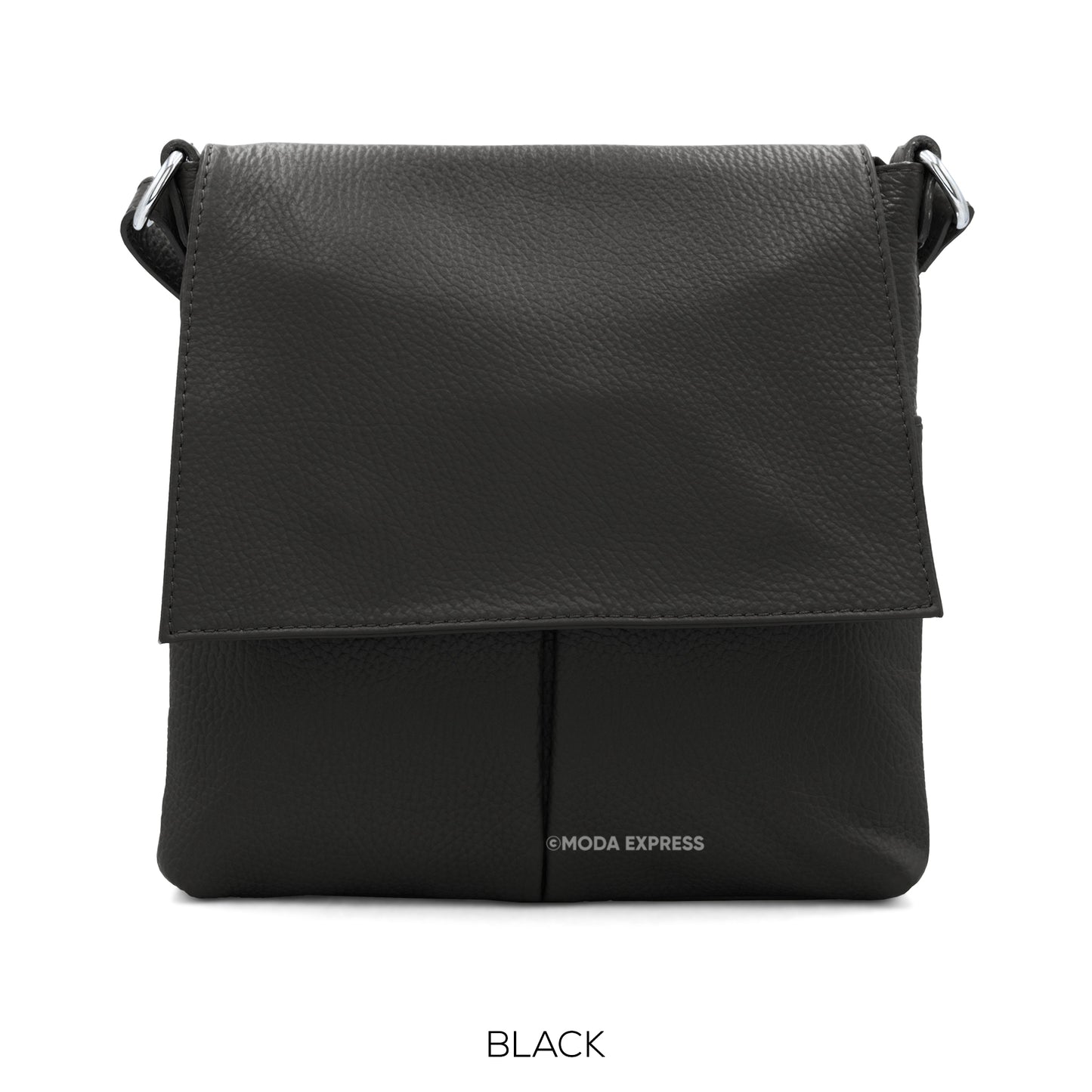 Leather Crossbody Bag with Two Pockets - Black