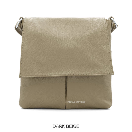 Leather Crossbody Bag with Two Pockets - Beige