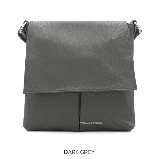 Leather Crossbody Bag with Two Pockets - Grey